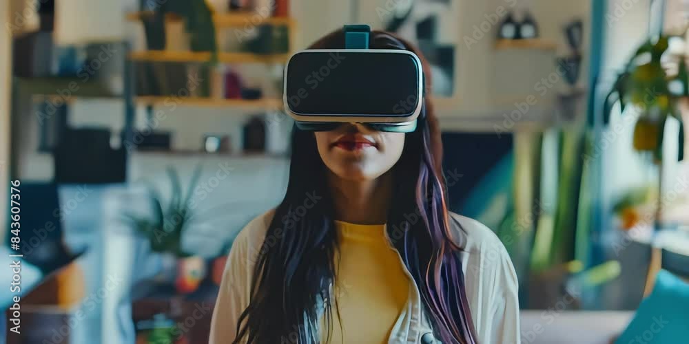 A girl in virtual reality glasses, sitting in her room, but seeing a completely different cyber world in front of her, technologies of the future, innovative inventions of mankind, AI. A girl in virtual reality glasses, sitting in her room, but seeing a completely different cyber world in front of her, technologies of the future, innovative inventions of mankind, AI.