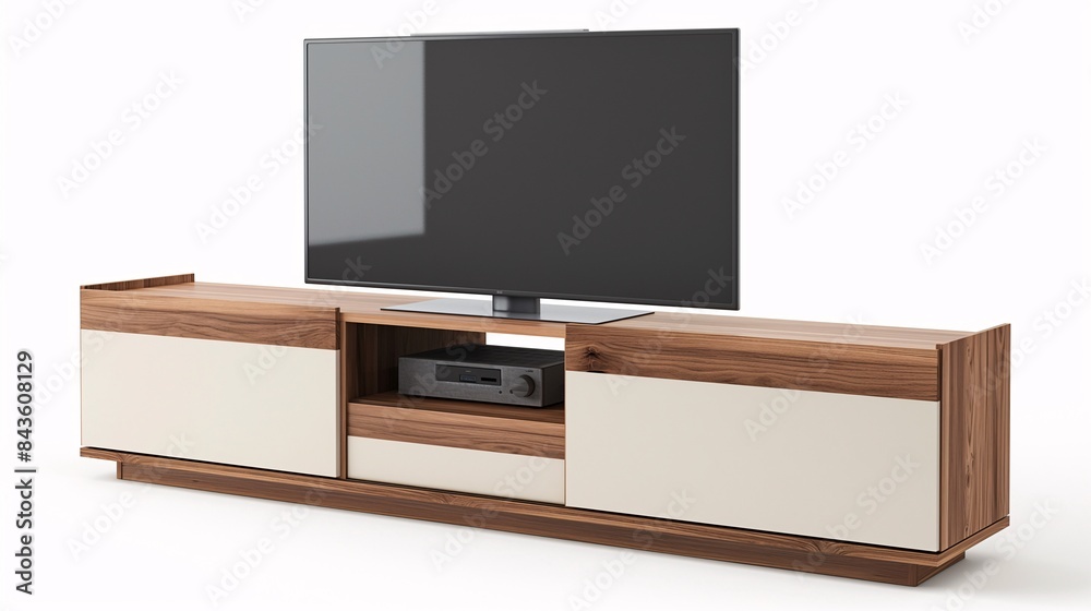 Modern wooden TV stand with black drawers, perfect for sleek home entertainment setups and minimalist interior designs Modern wooden TV stand with black drawers, perfect for sleek home entertainment setups and minimalist interior designs