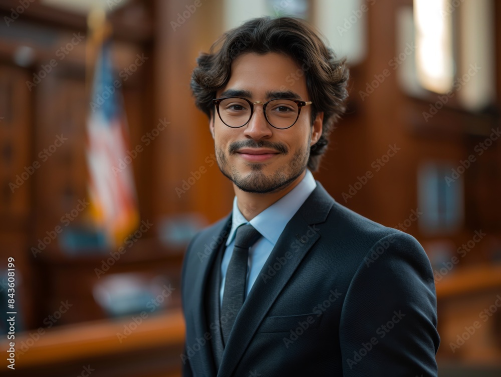 A Lawyer male wearing a professional suit, standing in front of a courtroom bench, smiling and looking into the camera A Lawyer male wearing a professional suit, standing in front of a courtroom bench, smiling and looking into the camera