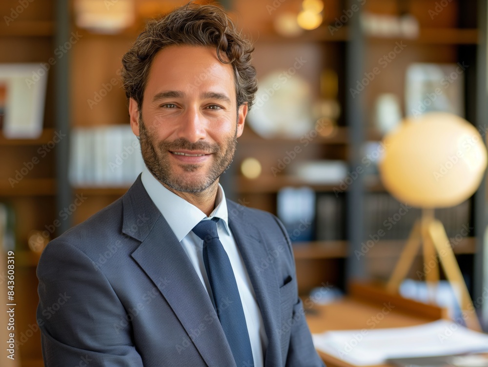 A Legal Consultant male wearing professional attire, standing in front of a desk with legal documents, smiling and looking into the camera A Legal Consultant male wearing professional attire, standing in front of a desk with legal documents, smiling and looking into the camera