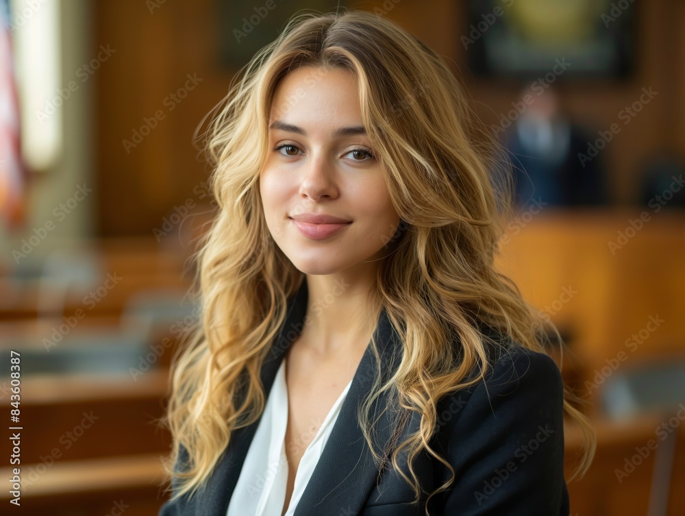 Fototapeta premium A Public Defender female wearing professional attire, standing in front of a courtroom bench, smiling and looking into the camera