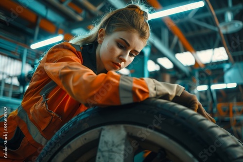 Hardworking female mechanic changing car wheel in auto repair workshop. Automotive service worker changing leaking rubber tire in concept of professional car care and maintenance