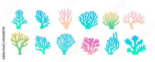 Corals in hand drawn various shapes for sea and ocean icons, vector set. Colorful bright cartoon corals on transparent background for marine art decoration