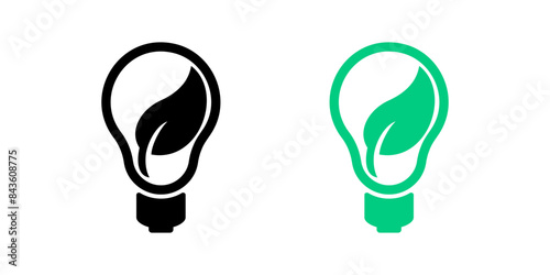 Lightbulb and leaf icons of green energy and eco environment, vector symbols. Green leaf and light bulb lamp icons for recyclable or reusable sings