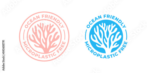 Microplastic free icons with corals for ocean eco friendly package tags, vector signs. Microplastic and plastic free biodegradable bottle stamps and label with corals