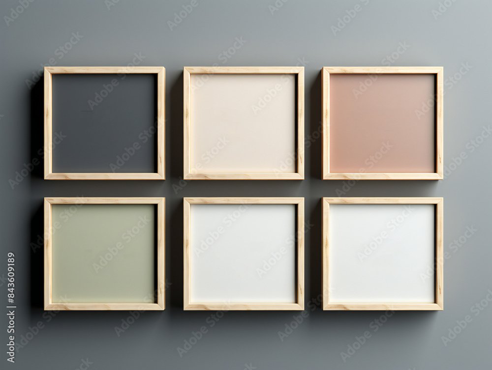 Empty wooden picture frames hanging on a wall.