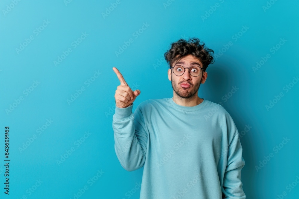 Fototapeta premium Photo of a man pointing finger face surprised person.