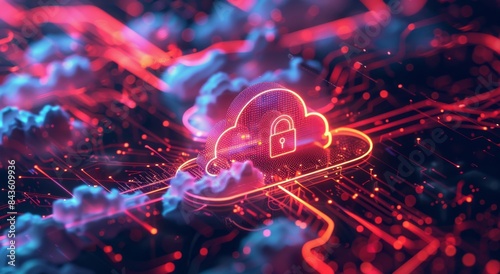 Digital Cloud Security Icon Over Abstract Data Network