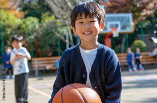 Young Boy Holding Basketball on School Playground