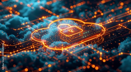 Digital Cloud Security Icon Over Abstract Data Network