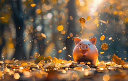Piggy Bank Surrounded by Coins in a Forest Setting
