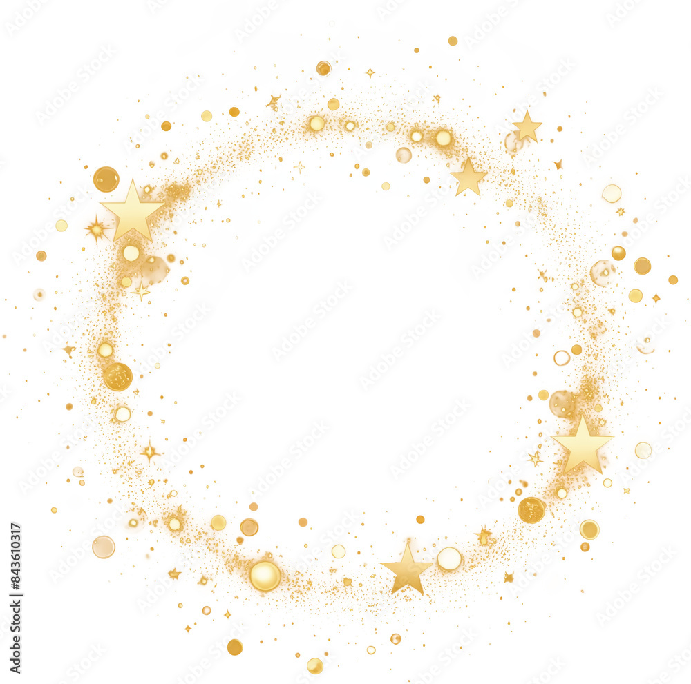 Gold glitter round frame shiny sparking, golden glittering circle transparent background