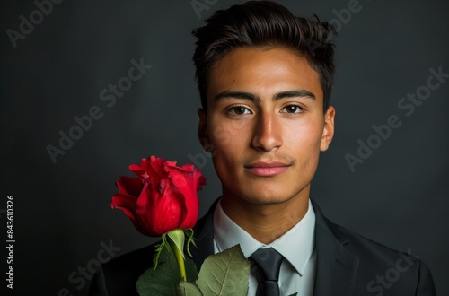 Young Man in Suit Holding a Single Red Rose Against a Dark Background