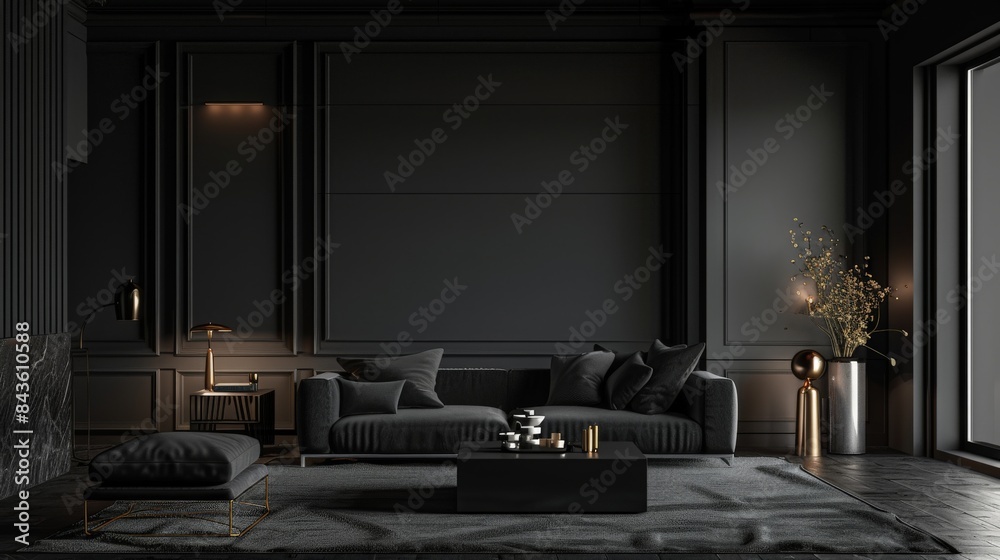 Modern interior design of black living room, 3d Render 3d illustration Modern interior design of black living room, 3d Render 3d illustration