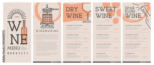 Restaurant wine menu design with wine press and wine stain. Line art modern vector illustration