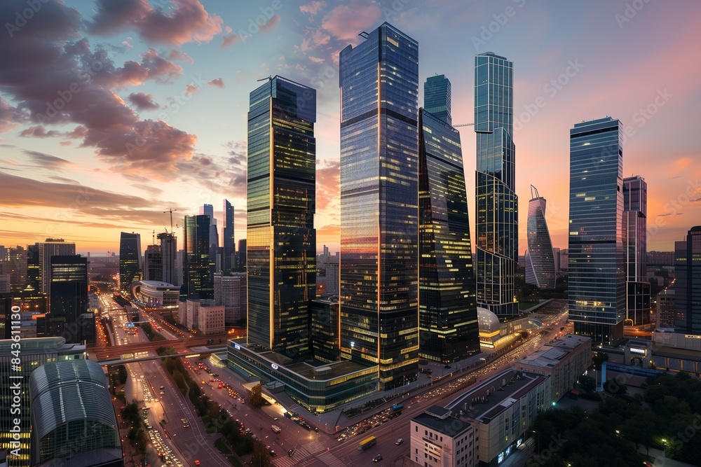 Fototapeta premium Modern Moscow cityscape featuring skyscrapers and office buildings, ideal for business and travel themes, capturing the vibrant and dynamic atmosphere of the urban center.