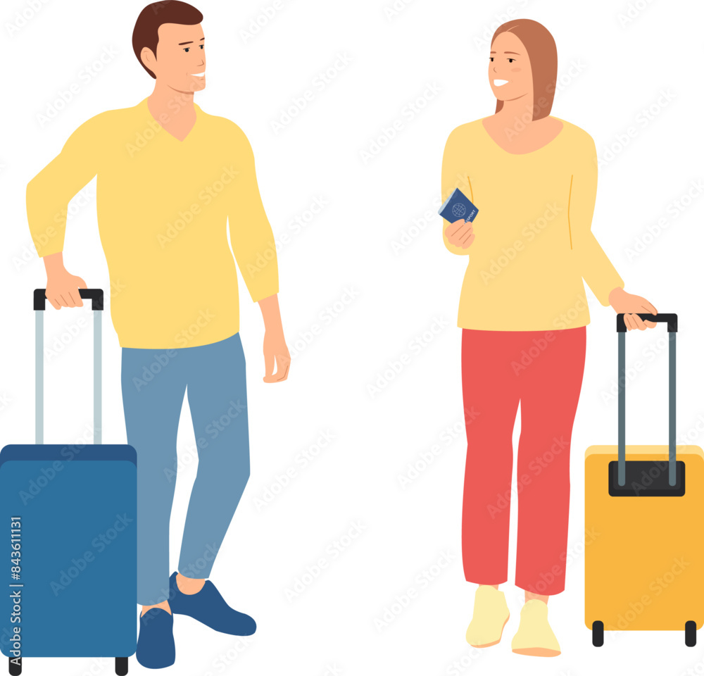 Smiling young man and young woman with suitcases vector illustration. Travellers. Transparent background Smiling young man and young woman with suitcases vector illustration. Travellers. Transparent background