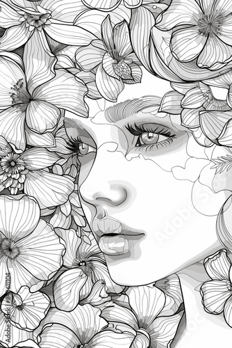 Coloring Book Page with Flowers and a womans face