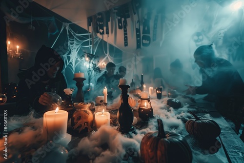 Spooky Halloween scene with glowing jack o lanterns and eerie decorations, perfect for capturing the festive and frightening atmosphere of the holiday.