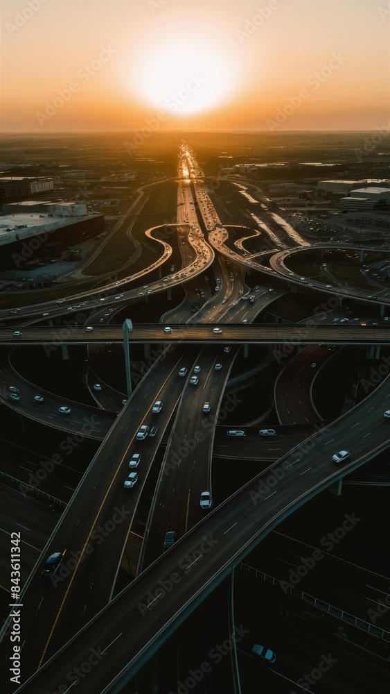 Fototapeta premium Urban Highway Interchange at Sunset with Busy Traffic and Skyscrapers