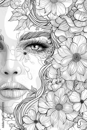 Coloring Book Page with Flowers and a womans face