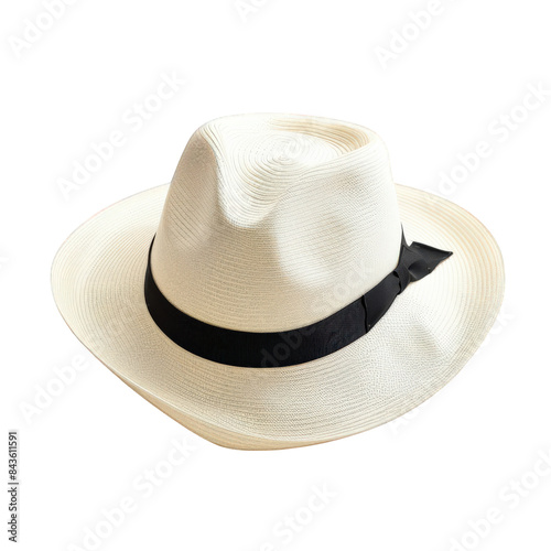 Traditional Straw Hat with Wide Brim, Center Dent, Black Ribbon on Crown, Photographed on Black Background, Casual and Beachy Style, Ideal for Warm Weather and Summer Travel