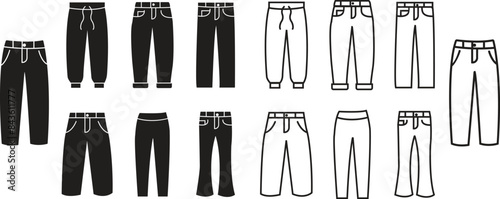 Set of black different styles Joggers trousers or pants icons in flat styles editable stock. Jeans clothing symbols and logos. Simple silhouettes vectors collection isolated on transparent background.