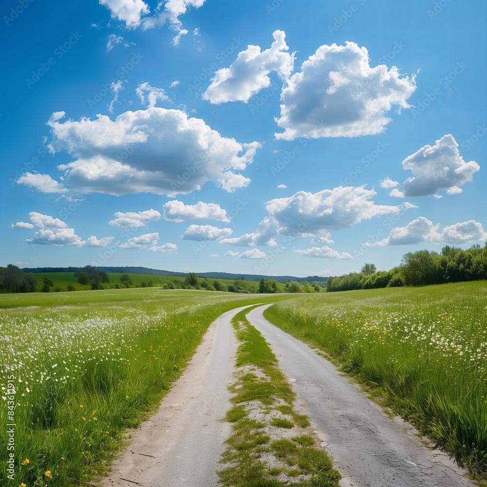 Expansive green meadow with a country road, perfect for nature and travel themes, capturing the serene and open landscape of rural areas. Expansive green meadow with a country road, perfect for nature and travel themes, capturing the serene and open landscape of rural areas.