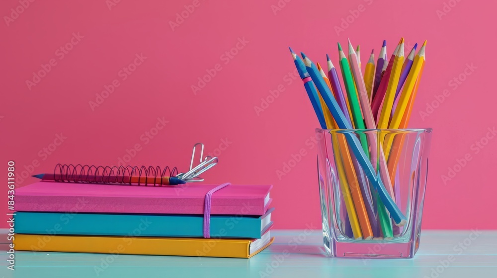 School colourfull textbooks on the table and pencils pens in a glass with pink background School colourfull textbooks on the table and pencils pens in a glass with pink background