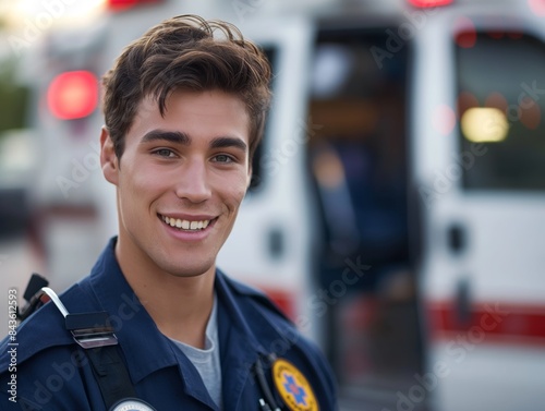 An Emergency Medical Technician (EMT) male wearing EMT uniform, standing in front of an ambulance, smiling photo