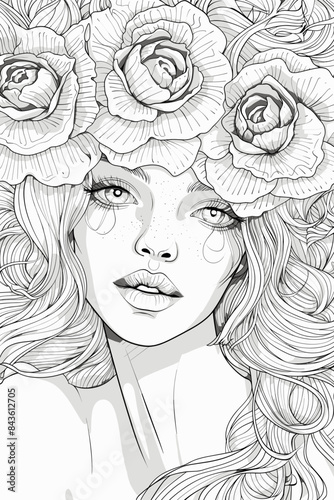 Coloring Book Page with Flowers and a womans face