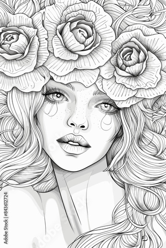 Coloring Book Page with Flowers and a womans face