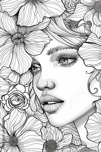 Coloring Book Page with Flowers and a womans face