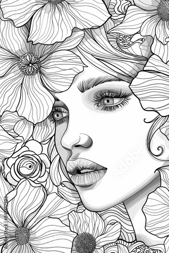 Coloring Book Page with Flowers and a womans face