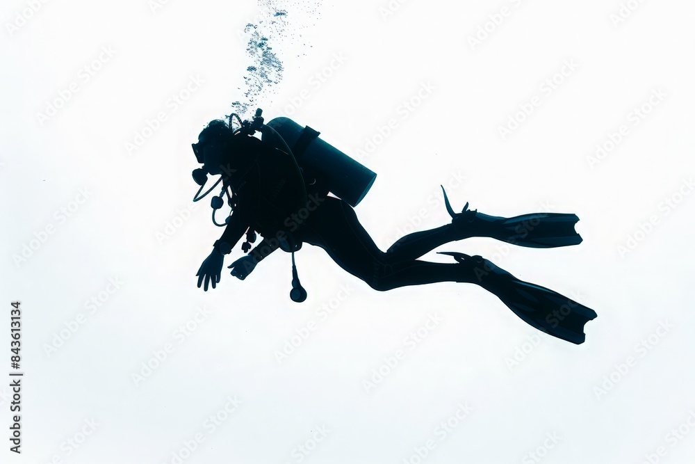 One Caucasian scuba diver diving man in studio silhouette isolated on white background One Caucasian scuba diver diving man in studio silhouette isolated on white background