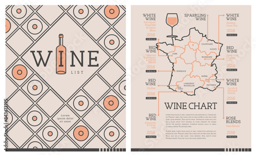 Restaurant wine menu design with vinotheque and map. Line art modern vector illustration photo