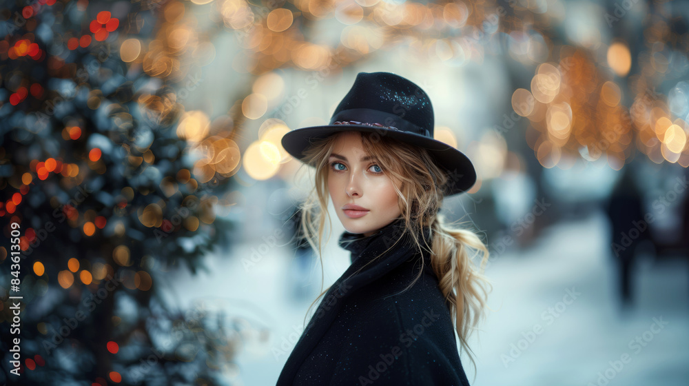 Portrait of a young woman in a black coat and black hat. Portrait of a young woman in a black coat and black hat.