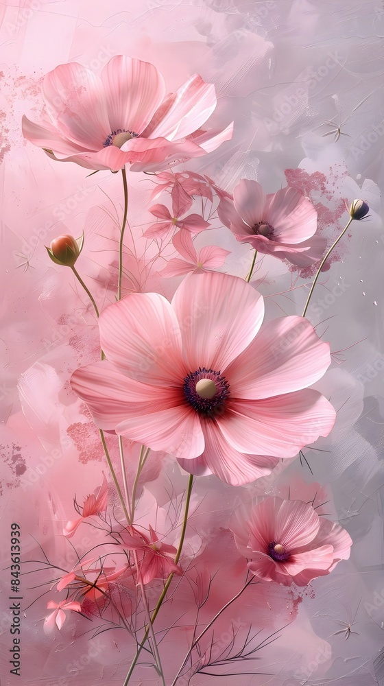 Delicate Pink and White Cosmos Flowers in Serene Watercolor Garden Landscape Delicate Pink and White Cosmos Flowers in Serene Watercolor Garden Landscape