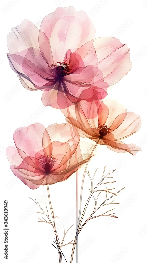 Obraz premium Delicate Watercolor Cosmos Flowers Blooming in a Serene Garden Landscape with Impressionistic Style and Cinematic Photographic Details