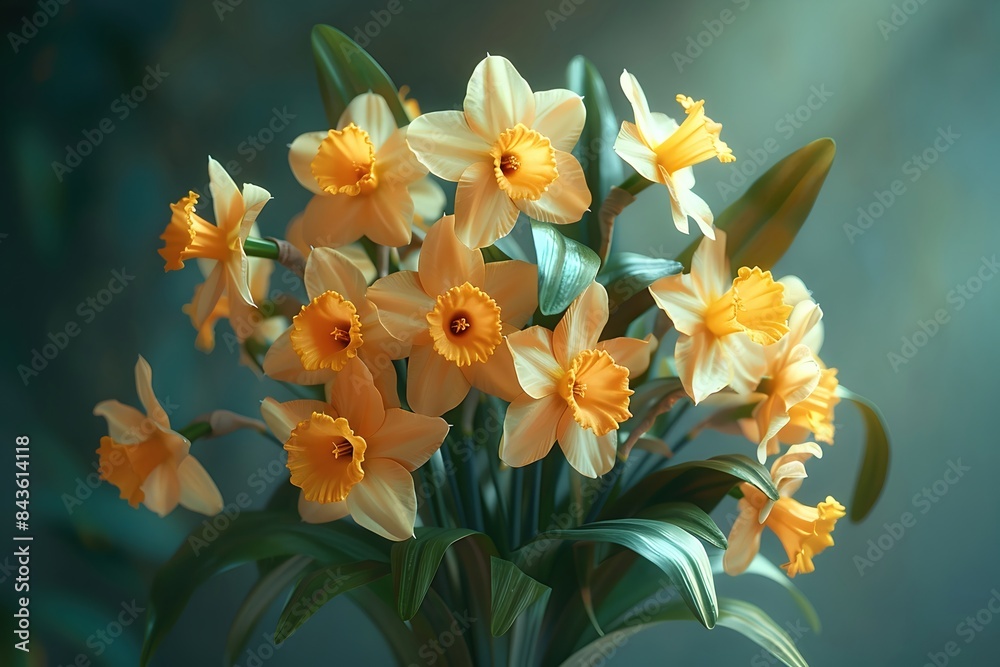 Naklejka premium Elegant Daffodil Bouquet with Vibrant Golden Blossoms and Verdant Leaves in Warm Morning Light
