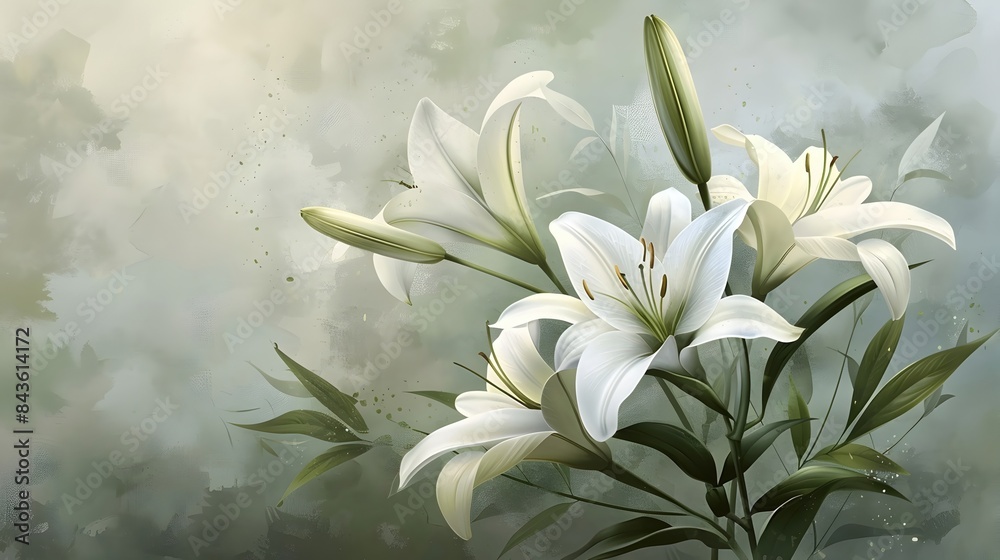 Elegant White Watercolor Lily Flower with Lush Foliage Serene Floral Composition Elegant White Watercolor Lily Flower with Lush Foliage Serene Floral Composition