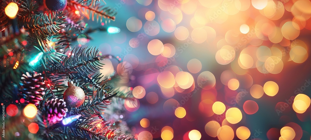 Christmas decorations with pine cones and branches on a sparkling background. Concept of holiday decor, festive atmosphere, new year celebration. Banner with copy space Christmas decorations with pine cones and branches on a sparkling background. Concept of holiday decor, festive atmosphere, new year celebration. Banner with copy space