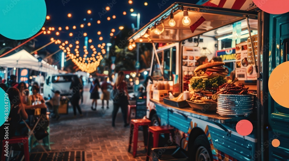 An eye-catching poster featuring a food truck in a lively city festival setting, copy space for including key details such as event name, date, time, location An eye-catching poster featuring a food truck in a lively city festival setting, copy space for including key details such as event name, date, time, location