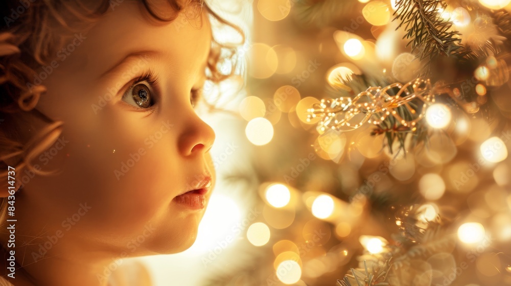 Fototapeta premium Blonde child gazing at Christmas tree lights. Concept of holiday wonder, childhood joy, festive season