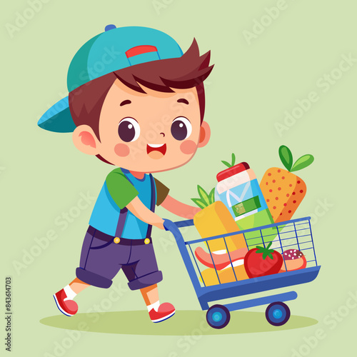  Cute little boy push shopping cart full of groceries full body 