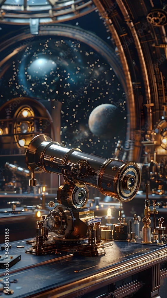 Lavish Astronomical Observatory with Precision-Crafted Telescopes and Gleaming Brass Fittings in Ethereal Chiaroscuro Lighting Lavish Astronomical Observatory with Precision-Crafted Telescopes and Gleaming Brass Fittings in Ethereal Chiaroscuro Lighting