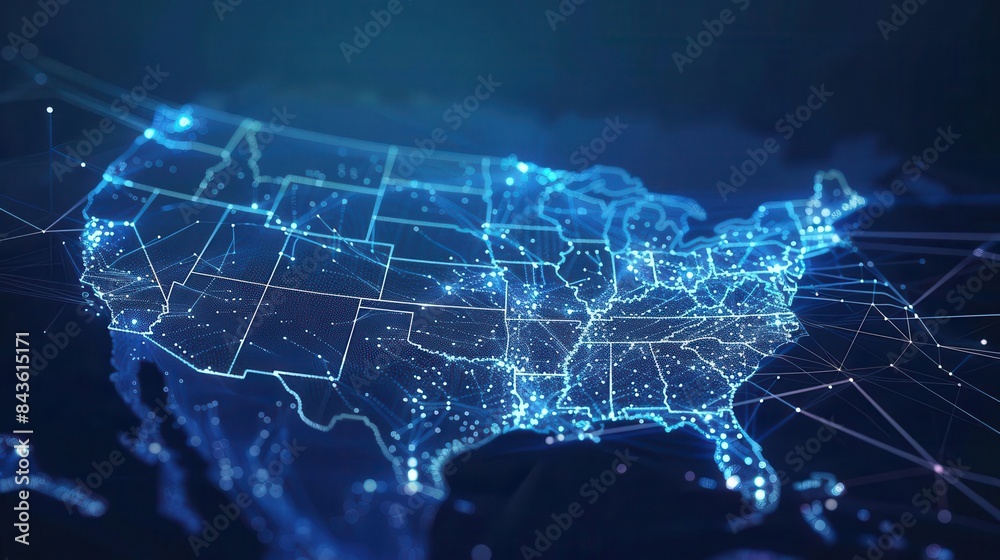 abstract digital network map of usa data transfer and connectivity ...