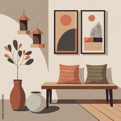 A wooden bench with rustic vases and pillows against the wall framed art prints