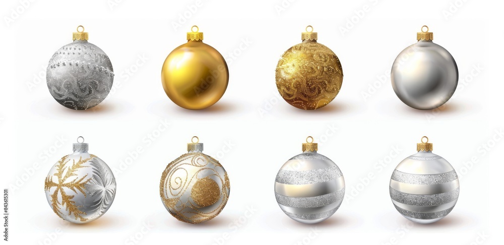 Fototapeta premium Metallic Christmas ornaments in silver and gold. Concept of holiday decorations, festive design, seasonal decor. Isolated on white background. Set
