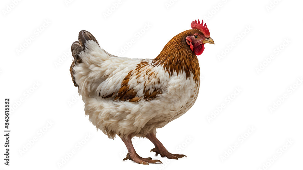 Fototapeta premium A hen with a red beak stands on a transparent background.